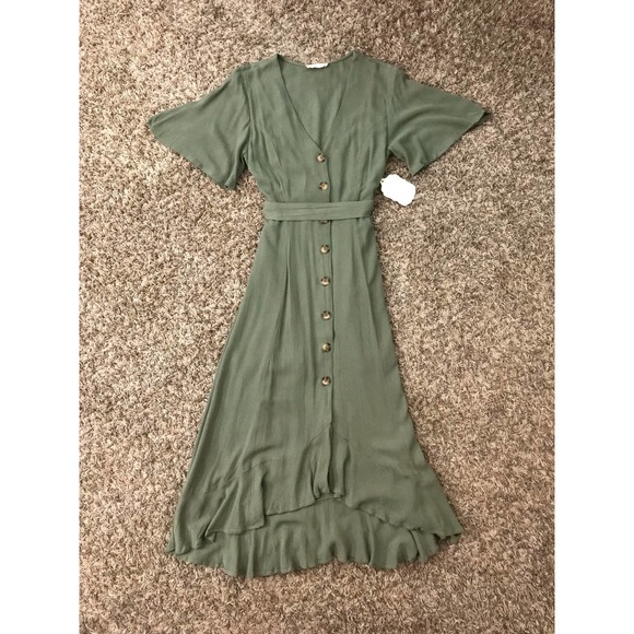 Altar’d State NWT button down, ruffle hem, olive green maxi dress - Picture 5 of 11